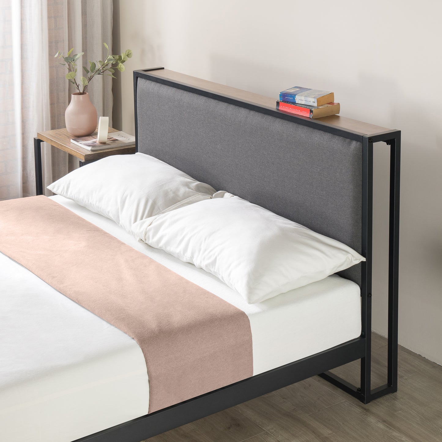 Zinus® Christina Upholstered Platform Bed with Headboard Shelf-Bedframes-Zinus Singapore